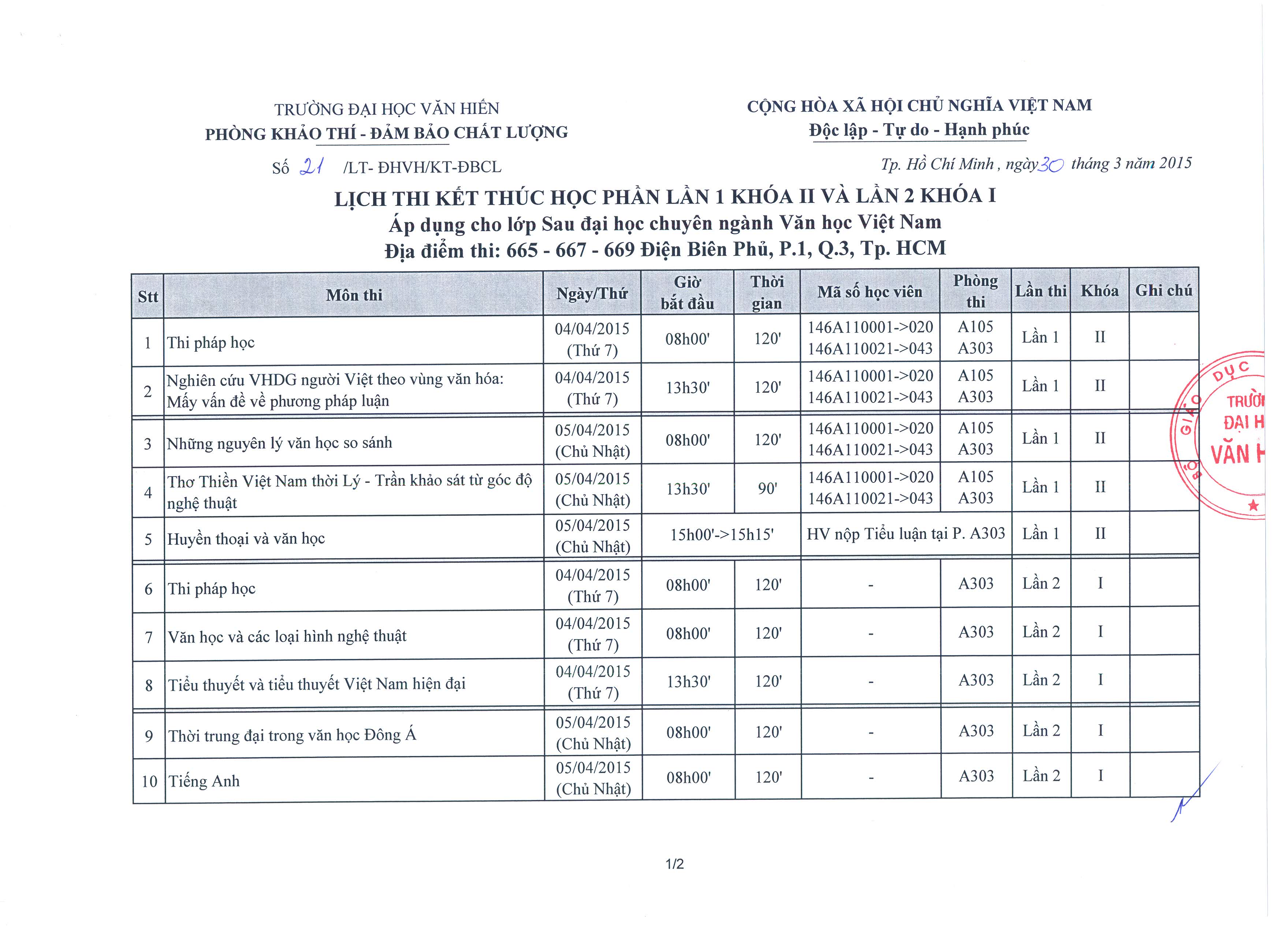 LT 21 Lich thi ket thuc hoc phan lan 1 khoa II va lan 2 khoa I - Ap dung cho lop Sau Dai Hoc chuyen nganh Van Hoc Viet Nam_Page_1