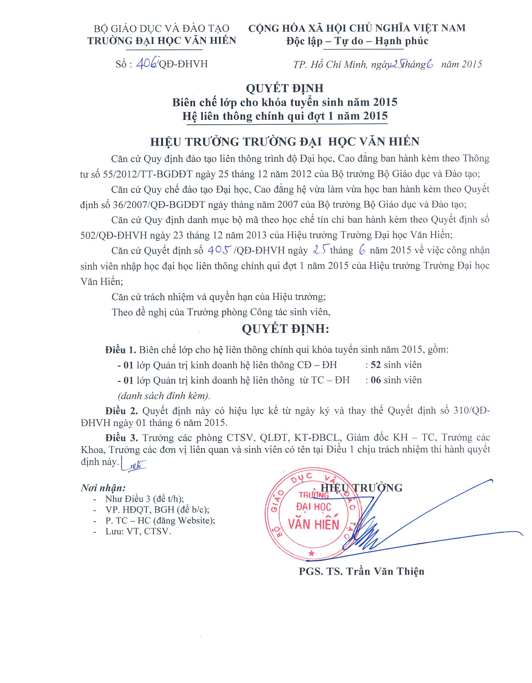 QD 406 vv bien che lop cho khoa tuyen sinh nam 2015 he lien thong chinh quy dot 1 nam 2015